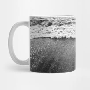 Dramatic Ocean Waves Crashing on Sandy Beach, Black and White Mug